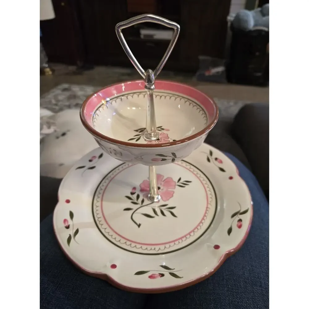 Stangl Pottery Colonial Rose 2-Tier Server • Hand Painted • Plate & Bowl Set